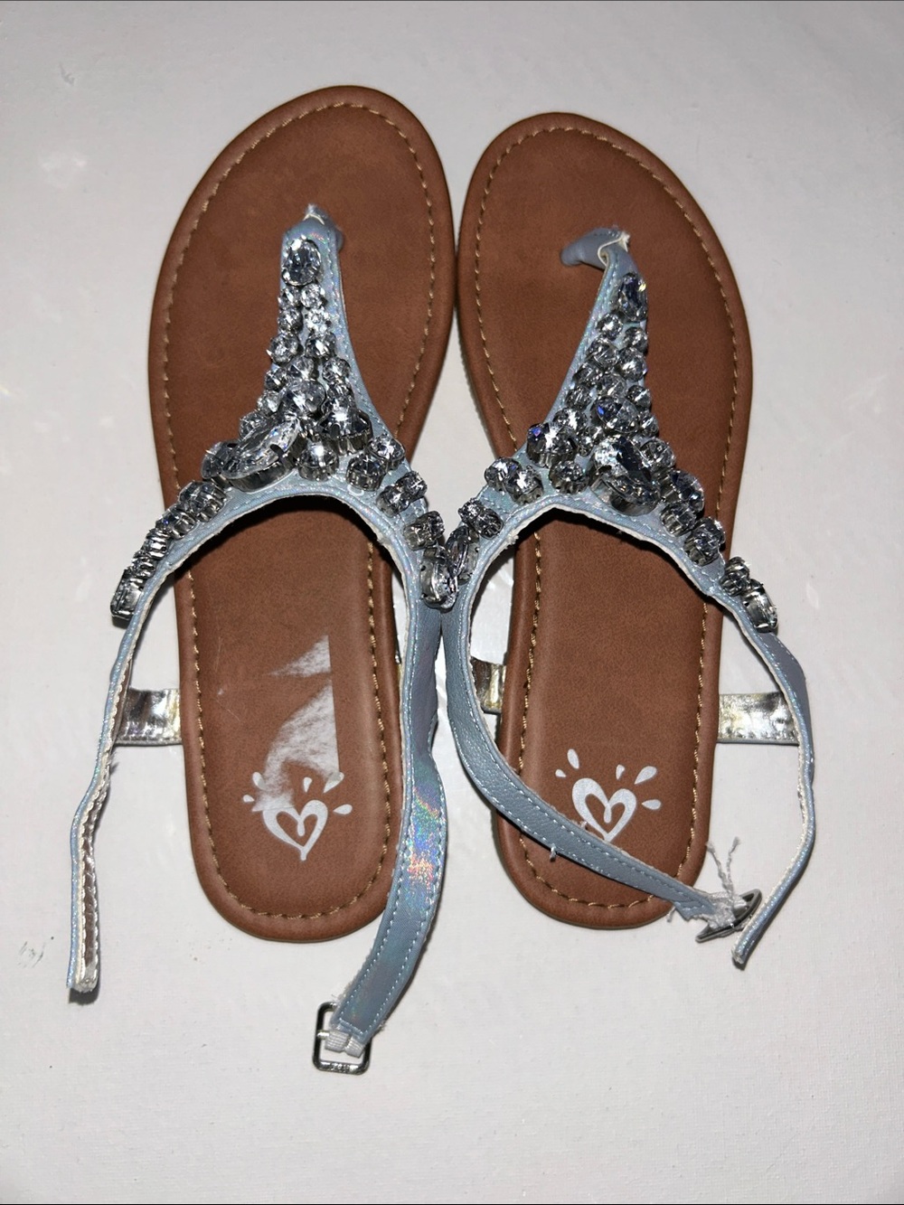 NWOB Justice Silver Bejeweled Embellished Rhinestone T-Strap Sandals Youth 6